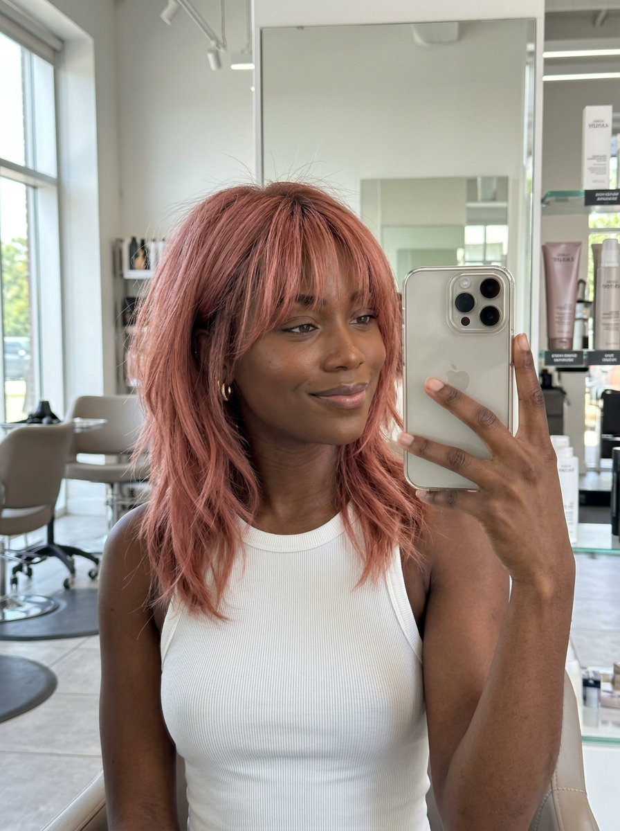 medium dusty rose gold shag haircut with choppy layers and piecey fringe
