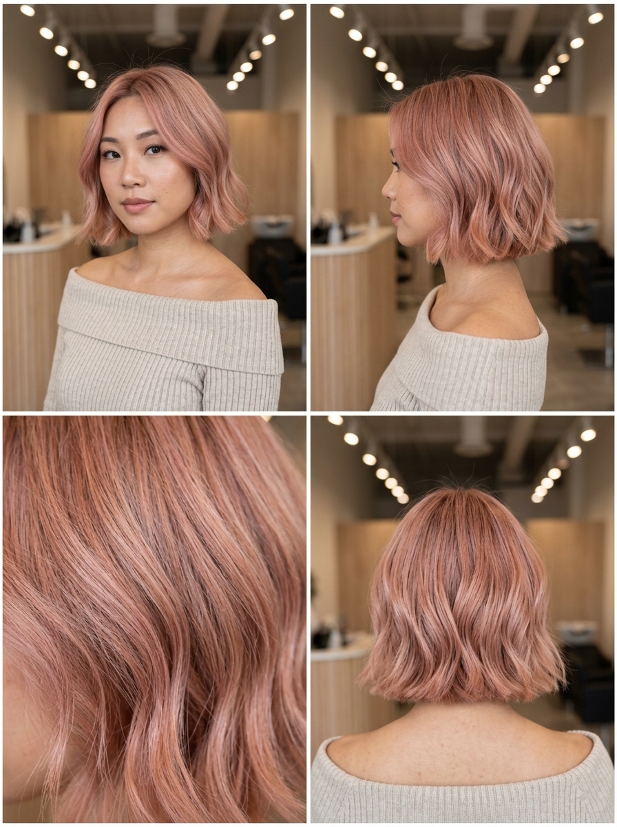 Rose Gold Whisper Bob 2026 short italian bob haircut with soft rose gold, face-framing layers for playful whimsical