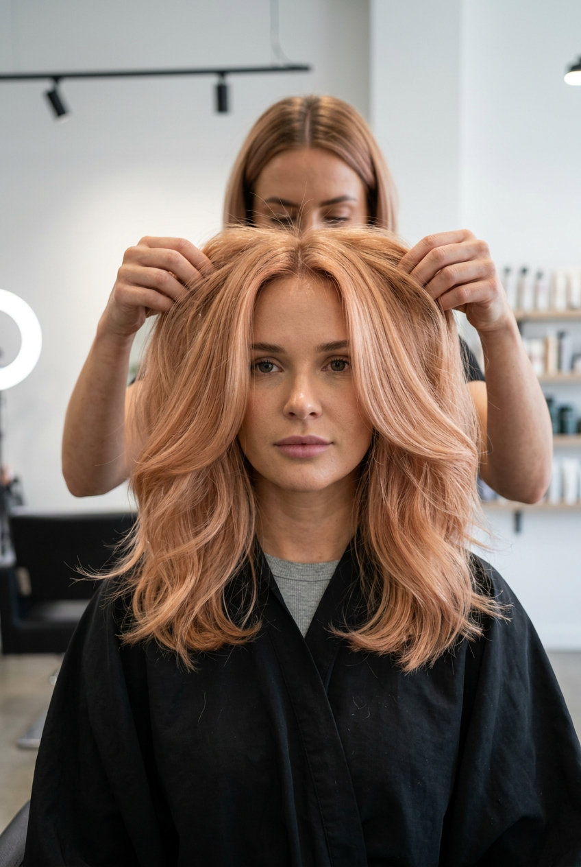 short rose gold blonde bob with peach-pink undertones for romantic parties