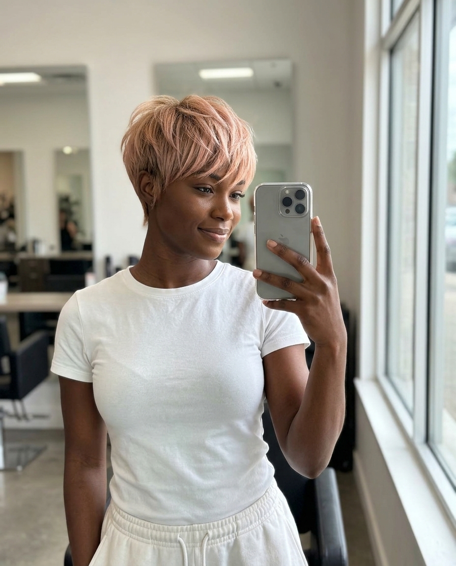 short textured pixie haircut with rose gold ombré and wispy micro-fringe for summer