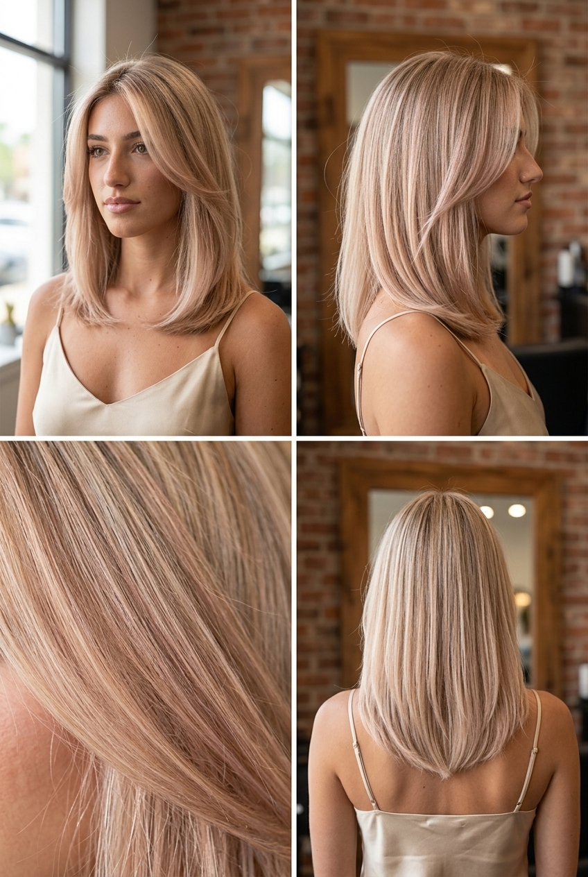 Rose Gold Babylights: Subtle Summer Hair Color 2026 Dusty rose gold babylights on shoulder-length hair with soft layers for summer