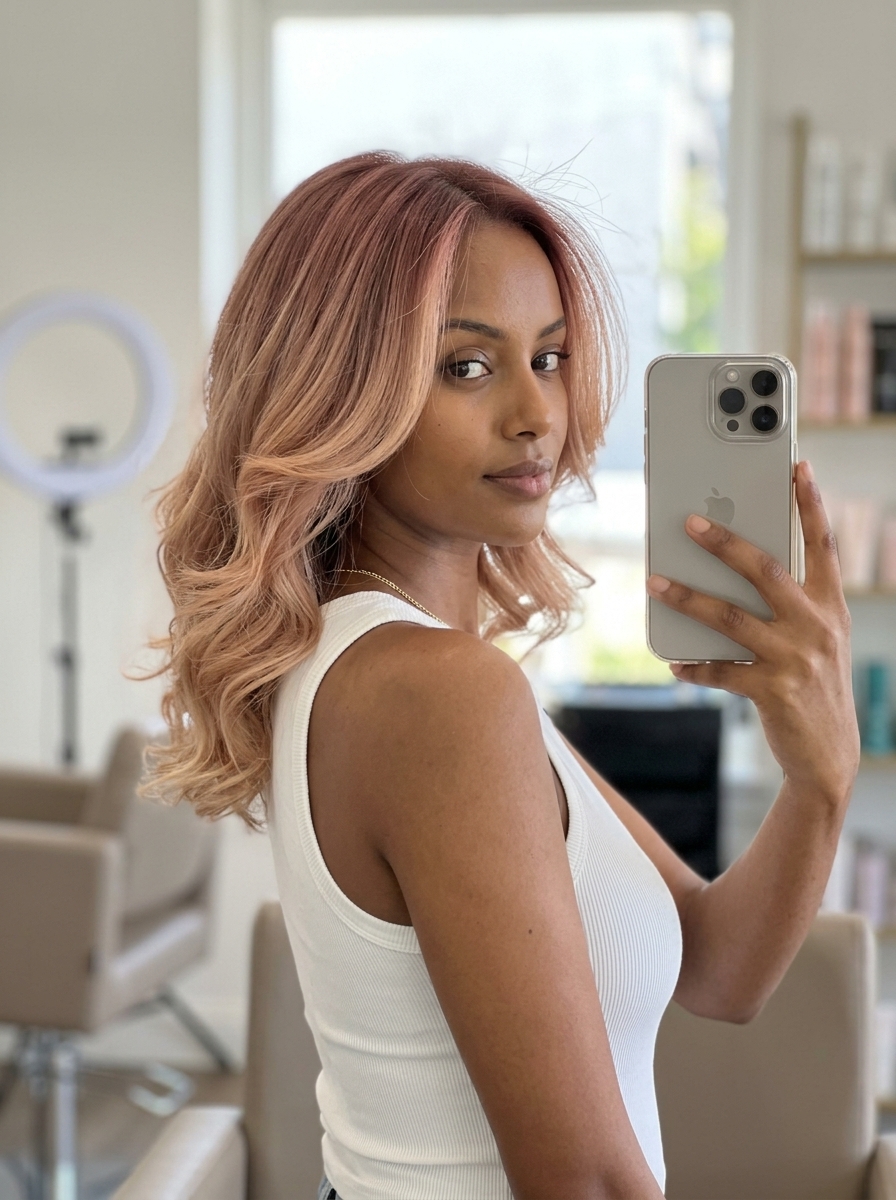Rosewood Strawberry Blonde Melt 2026 long layered lob rosewood strawberry blonde melt with creamy ends, color melt, no fringe — romantic date night