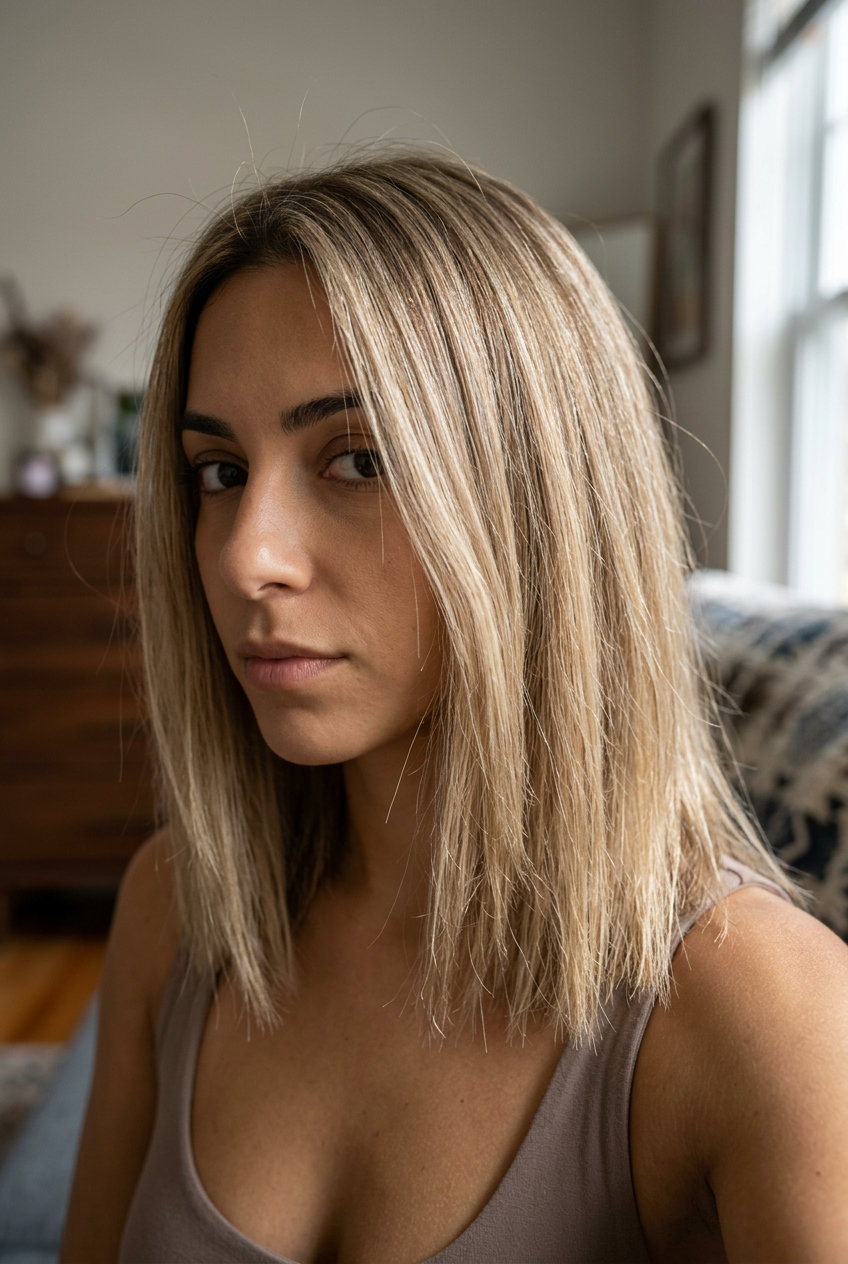 medium cut haircut with sandy beige blonde color and subtle babylights for summer