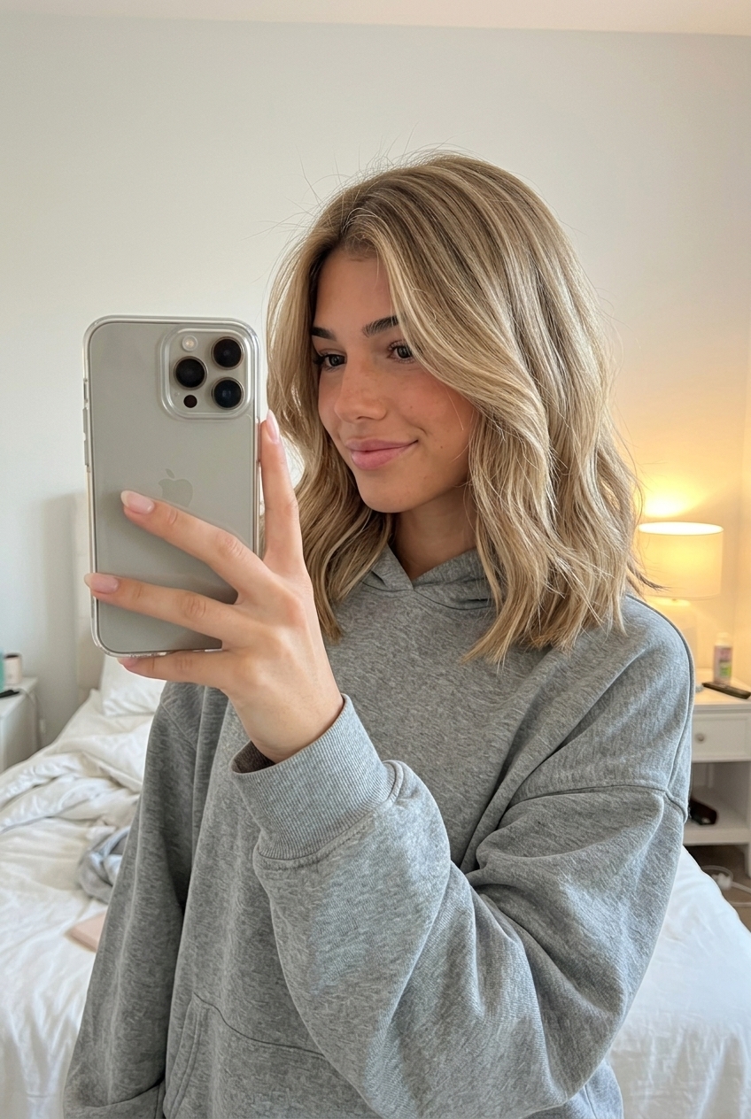 shoulder-length lob haircut with sandy beige blonde and linen babylights, neutral root smudge — relaxed for summer