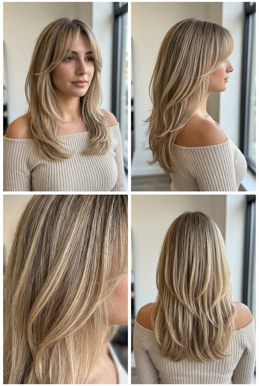 medium butterfly midi haircut with sandy blonde balayage and curtain bangs for summer