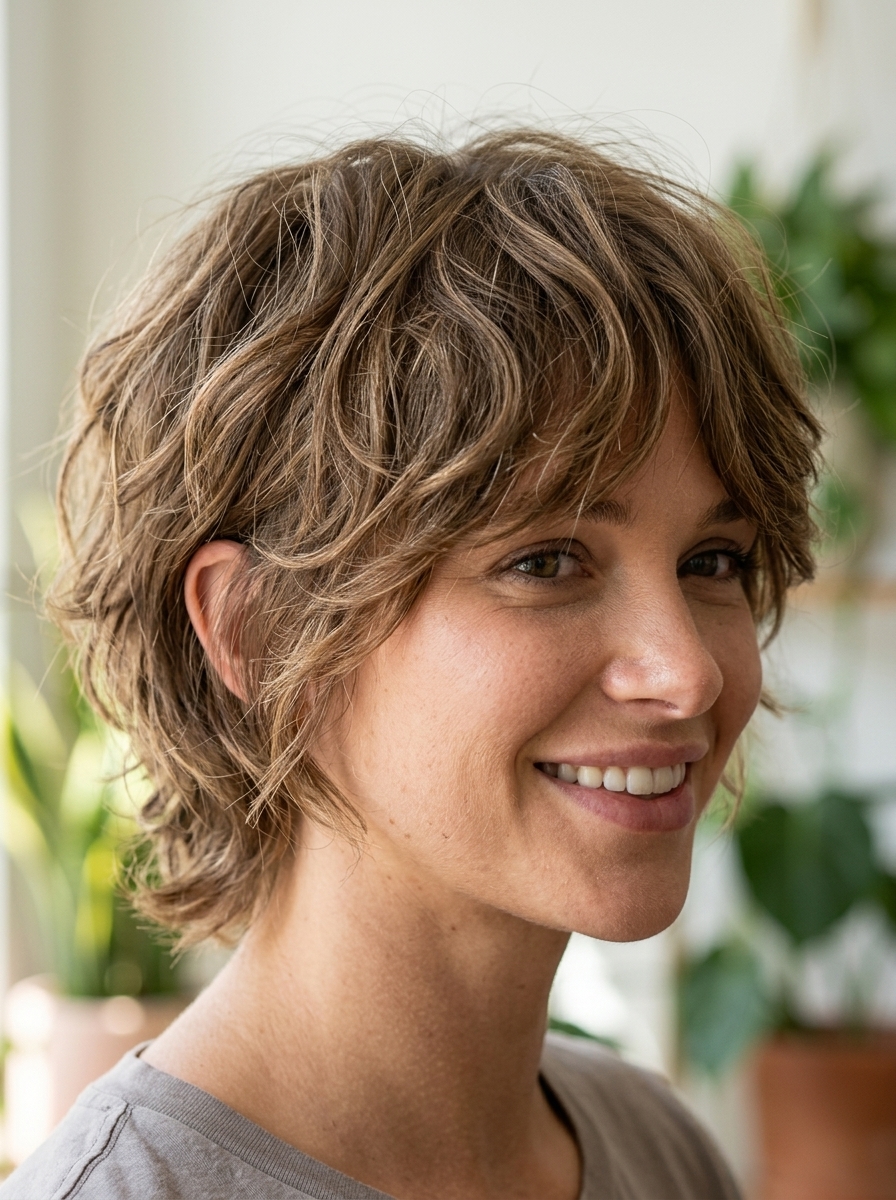 Edgy Wavy Summer Shag 2026 short wavy shag haircut with sandy blonde color and wispy bangs for edgy look