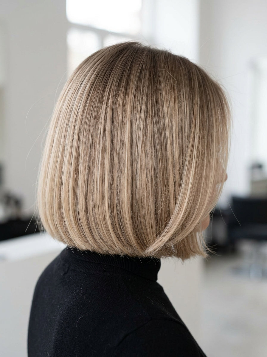 Sandy Chic Bob 2026 short blunt bob haircut with sandy linen blonde balayage and natural root, no fringe — classic chic