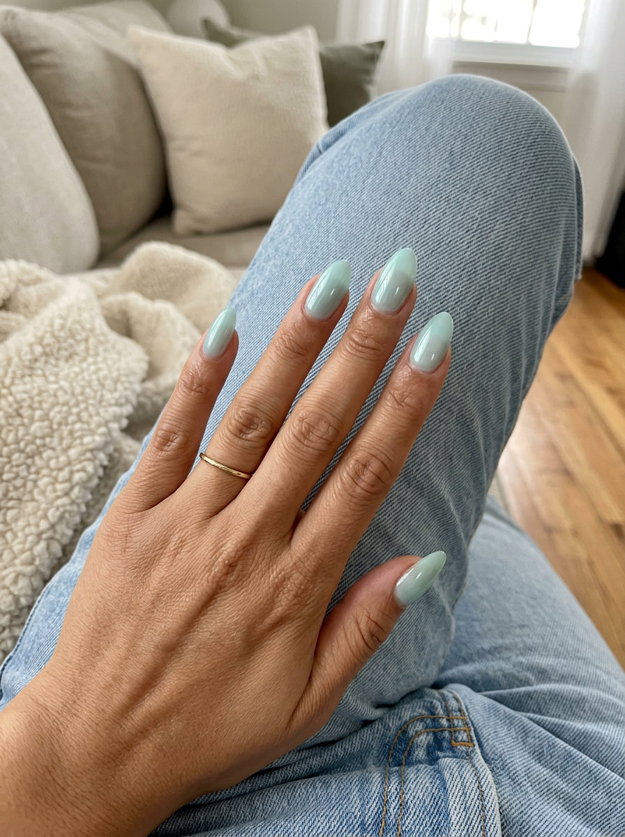 Playful pale aqua jelly glazed donut nails for summer vacation or beach days, shell summer nails 2026.