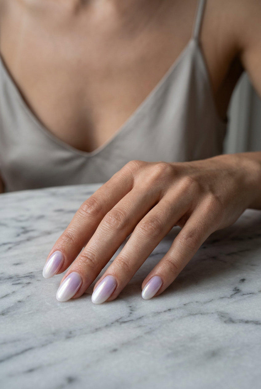 Whimsical lavender milky chrome ombre nails for parties or summer evenings, shell summer nails 2026.