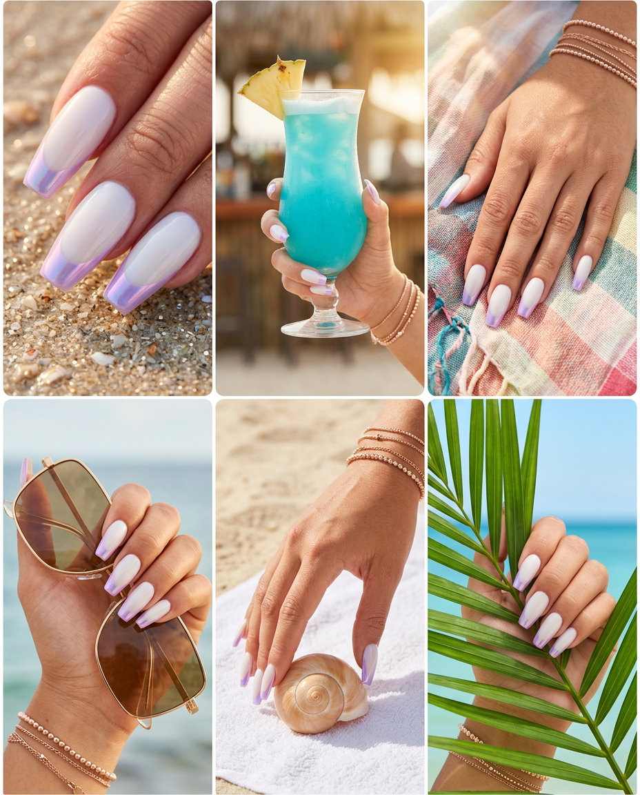 Lavender milky chrome reverse French nails for shell summer nails 2026, edgy and glamorous.