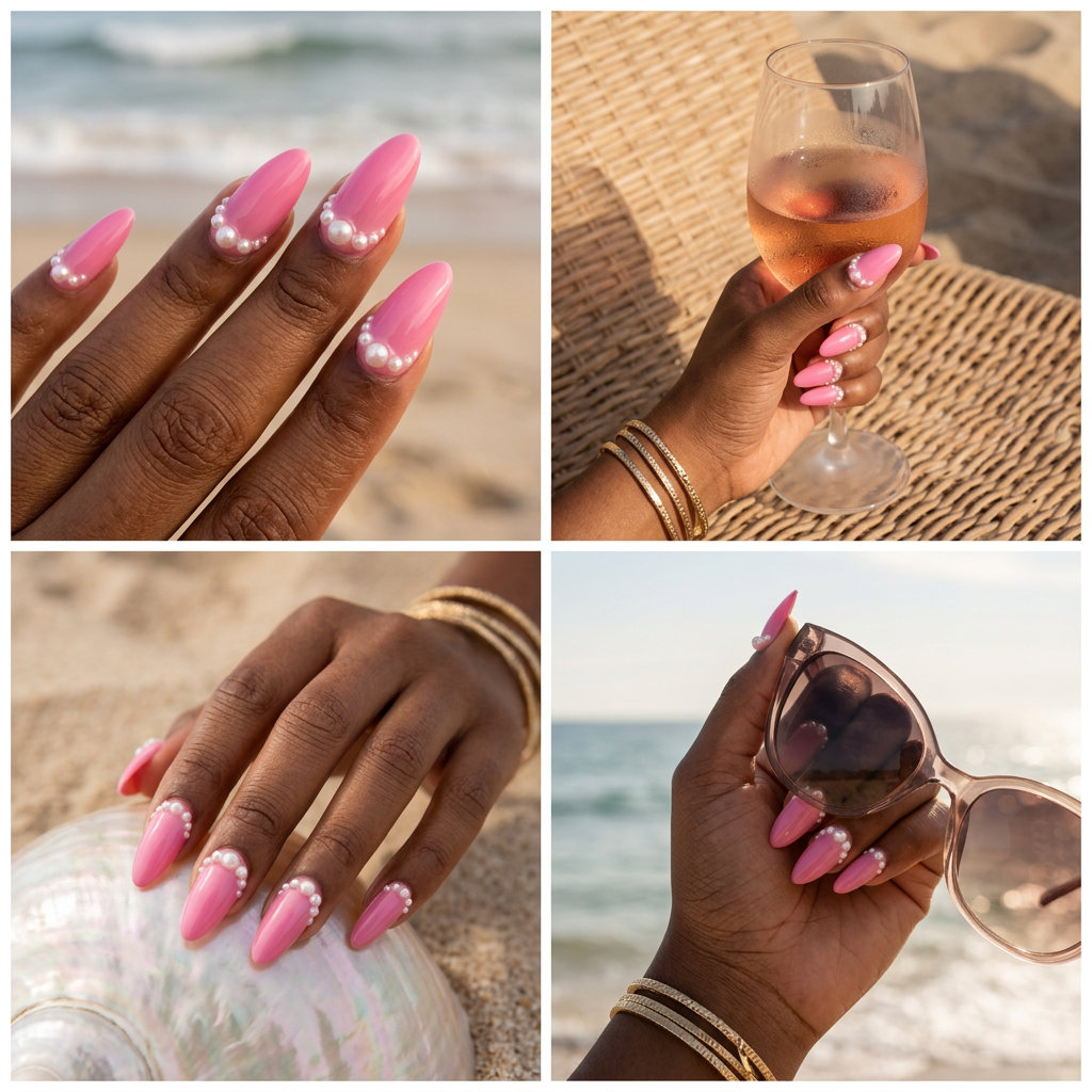 Nude pink 3D pearl bloom nails for shell summer nails 2026, romantic and sophisticated.