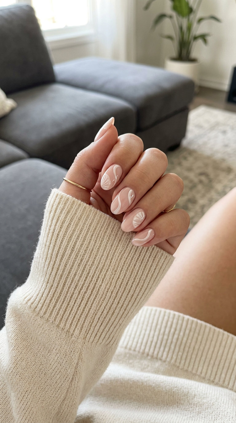 Pearlescent abstract nude pink shell nails for shell summer nails 2026, sophisticated art.