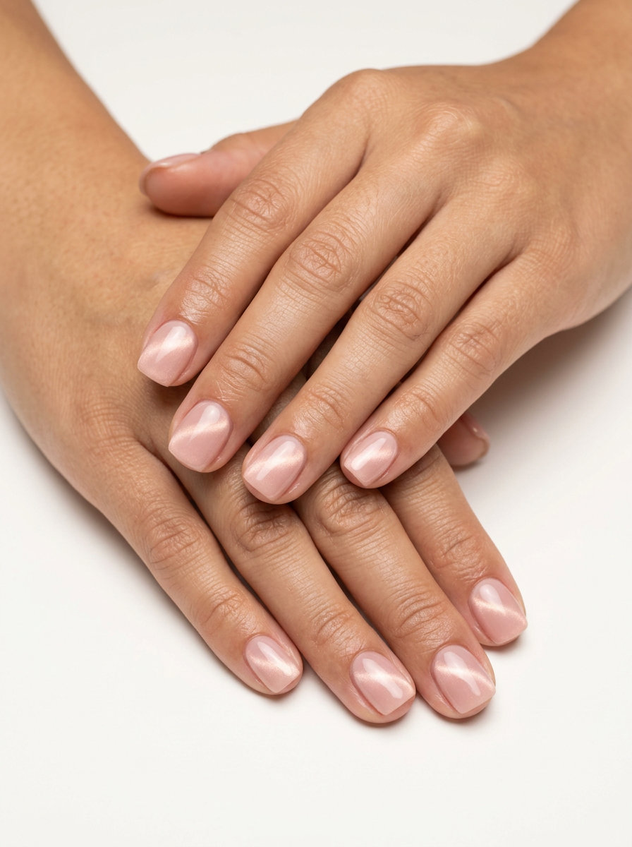 Minimalist nude pink cat-eye shell sheen nails for office or casual outings, shell summer nails 2026.