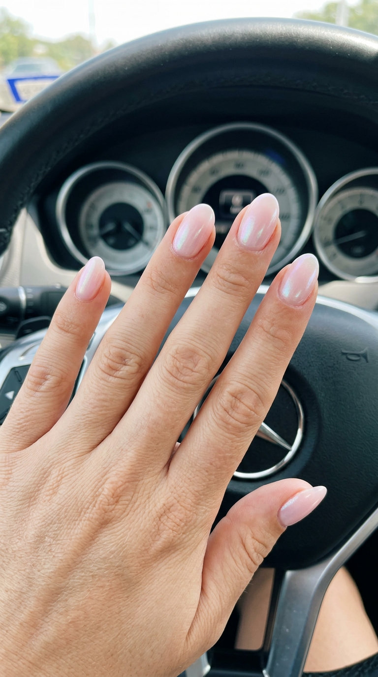 Romantic nude pink iridescent French tip nails for date nights or bridal showers, shell summer nails 2026.