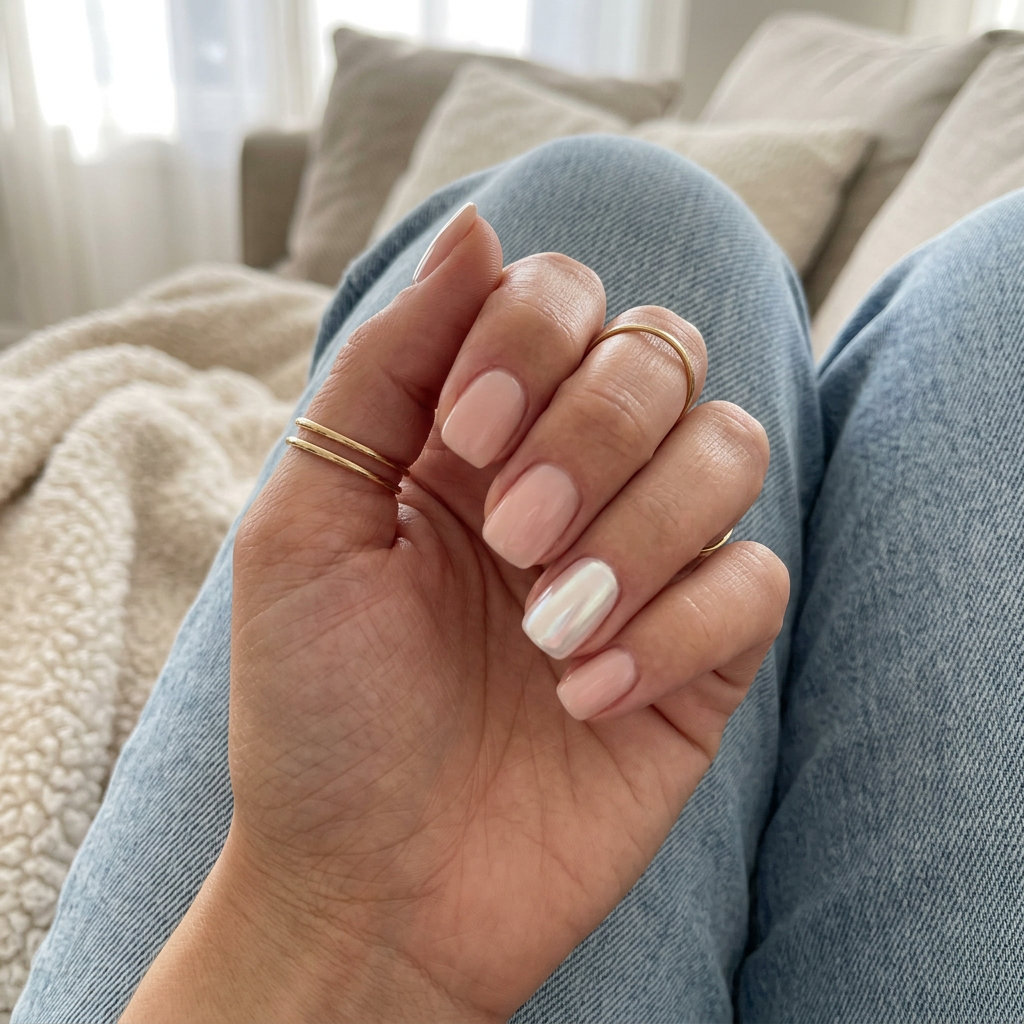 Opalescent nude pink accent shell nails for shell summer nails 2026, elegant and subtle.