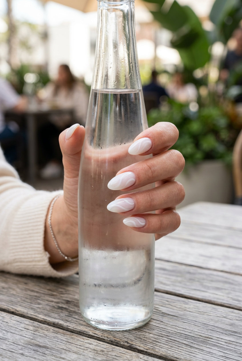 Opalescent white shell nails 2026: romantic subtle swirls for date night & elegance.