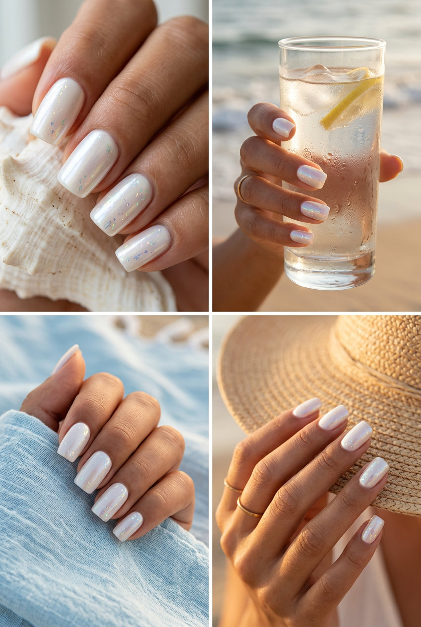 White pearlescent shell nails 2026: glamorous foil flakes for summer weddings & evening events.