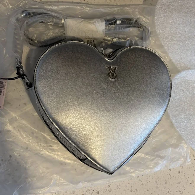 Victoria's Secret Small Metallic Silver Faux Leather Heart Crossbody