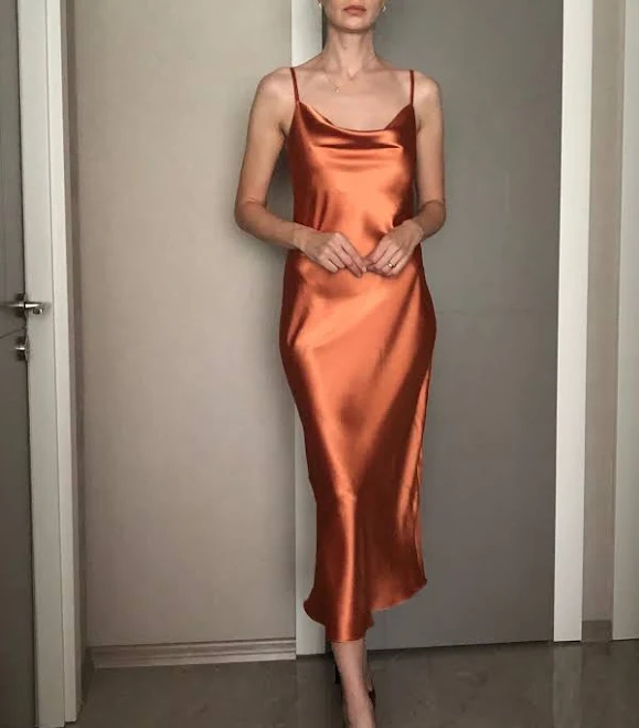 Silk Satin Cowl Neck Midi Length Slip Dress