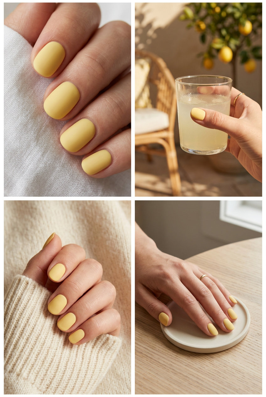 Short gel nails summer 2026: Butter Yellow Solid Matte on squoval nails. Clean-girl style for work.