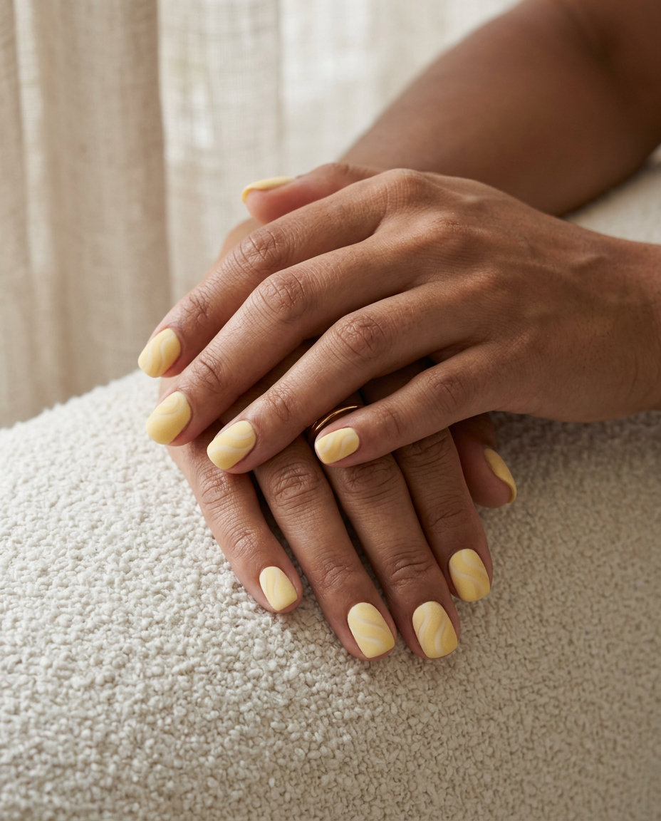 Short gel nails summer 2026: Butter yellow velvet swirls for dreamy date night style.