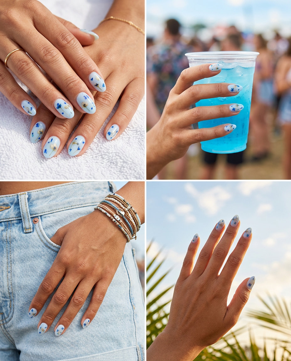 Short gel nails summer 2026: Cobalt Blue Milk Bath Floral on rounded nails. Bohemian vacation style.