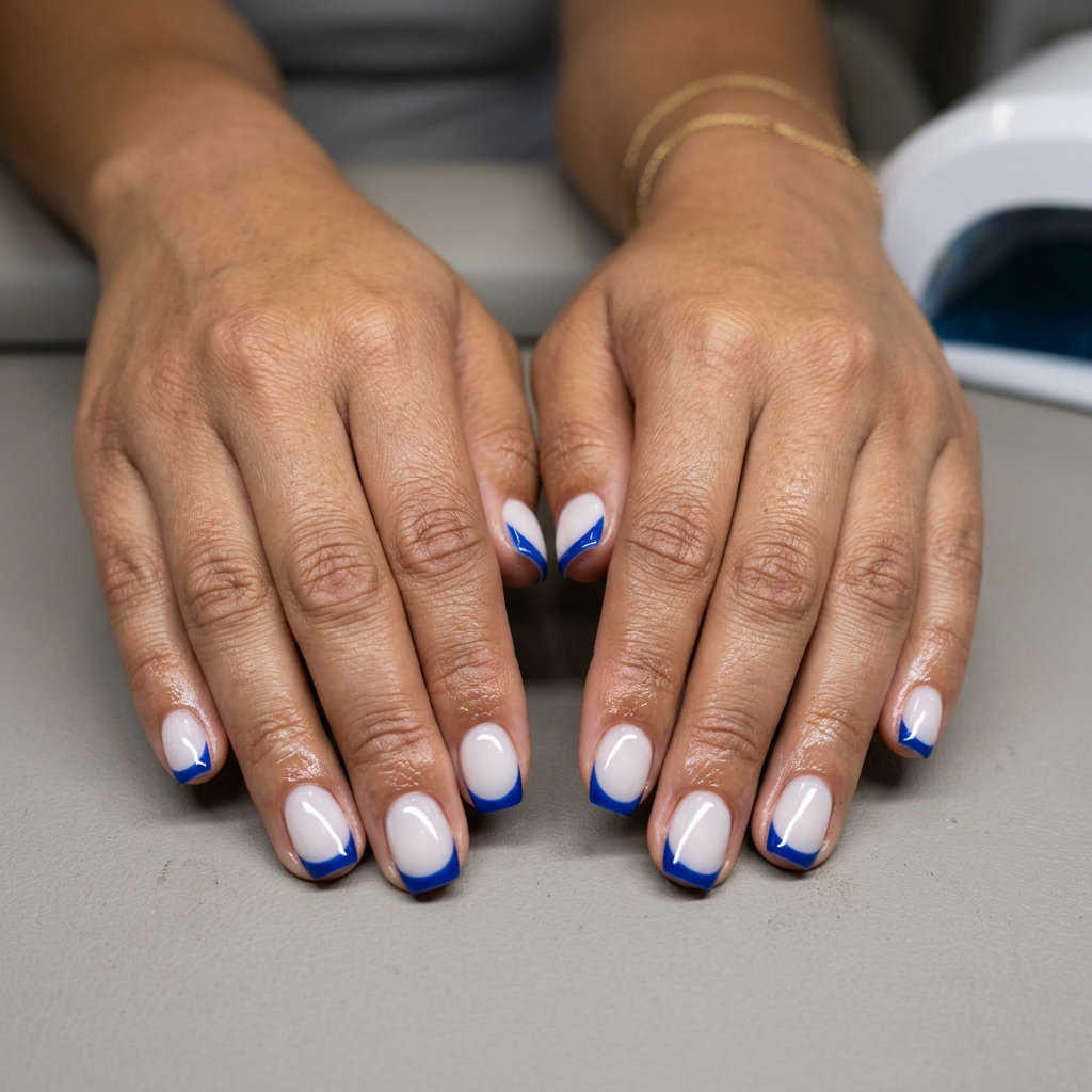 Short gel nails summer 2026: Cobalt Blue Reverse French on squoval nails. Edgy date night look.