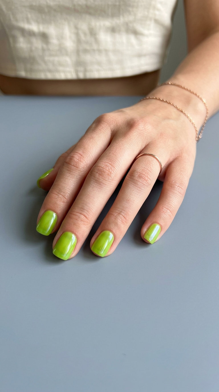 Short gel nails summer 2026: Vibrant lime green jelly with glazed donut finish for festivals.
