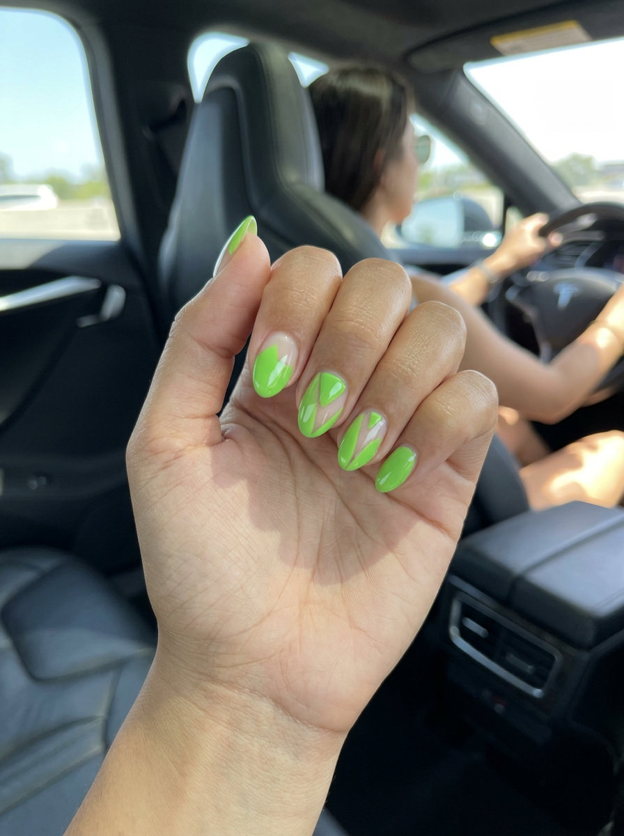 Lime green geometric negative space short gel nails summer 2026 for festivals and nights out.