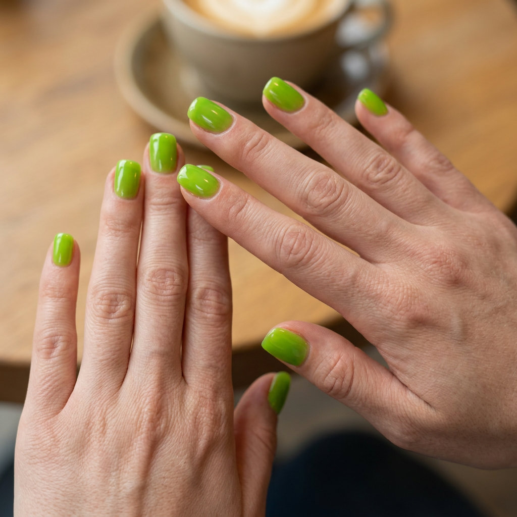 Short gel nails summer 2026: Lime Green Jelly Glaze on squoval nails. Playful vacation and festival style.