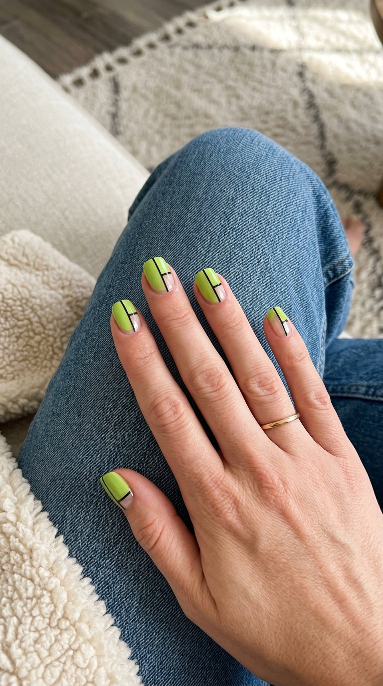 Short gel nails summer 2026: Lime green & black negative space lines for edgy festival style.