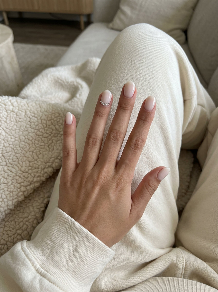 Short gel nails summer 2026: Minimalist Nude with Subtle Sparkle on squoval nails. Clean work style.
