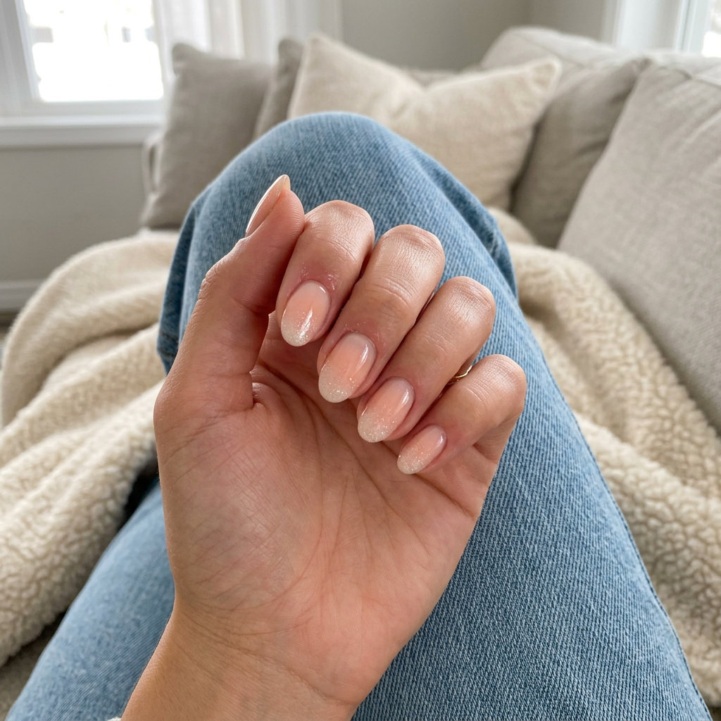 Short gel nails summer 2026: Peach Fuzz Glitter Ombre on soft almond nails. Romantic wedding guest style.