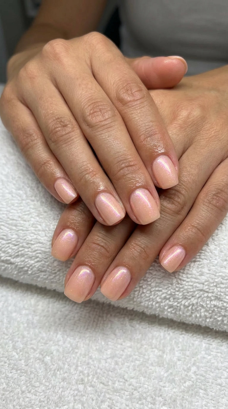 Short gel nails summer 2026: Peach fuzz with iridescent shimmer for elegant casual wear.