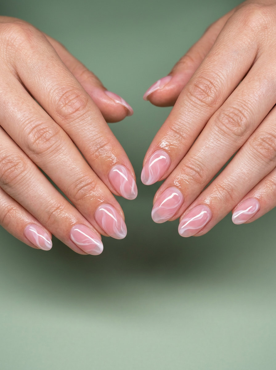 Sheer pink jelly swirl short gel nails summer 2026 for date night, wedding guest, or summer vacation.
