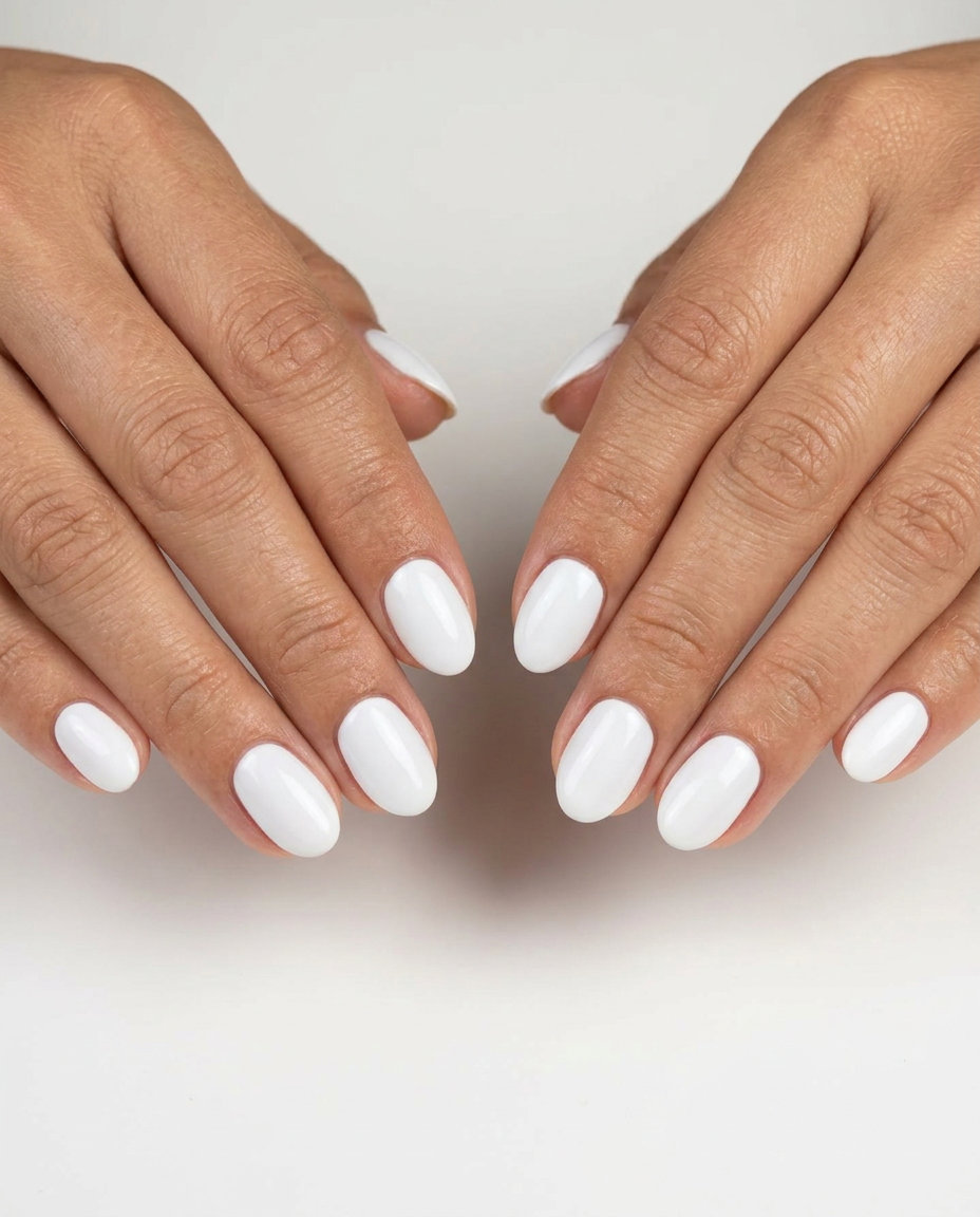 Classic White Oval Nails 2026: Timeless Chic Style Classic White Oval Solid short oval summer nails 2026 for daily wear. Opaque bright white with a glossy finish.