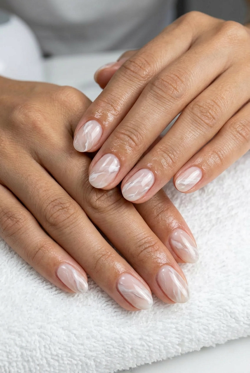 Cloud Marble Abstract Nails 2026 Short oval summer nails 2026: Cloud marble abstract swirls on a sheer base for a minimalist work look.