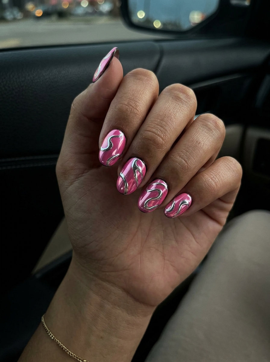 Electric Chrome Swirls Nails 2026: Glamorous Party Style Electric Chrome Swirls short oval summer nails 2026 for parties. Vibrant pink chrome with silver metallic swirls.