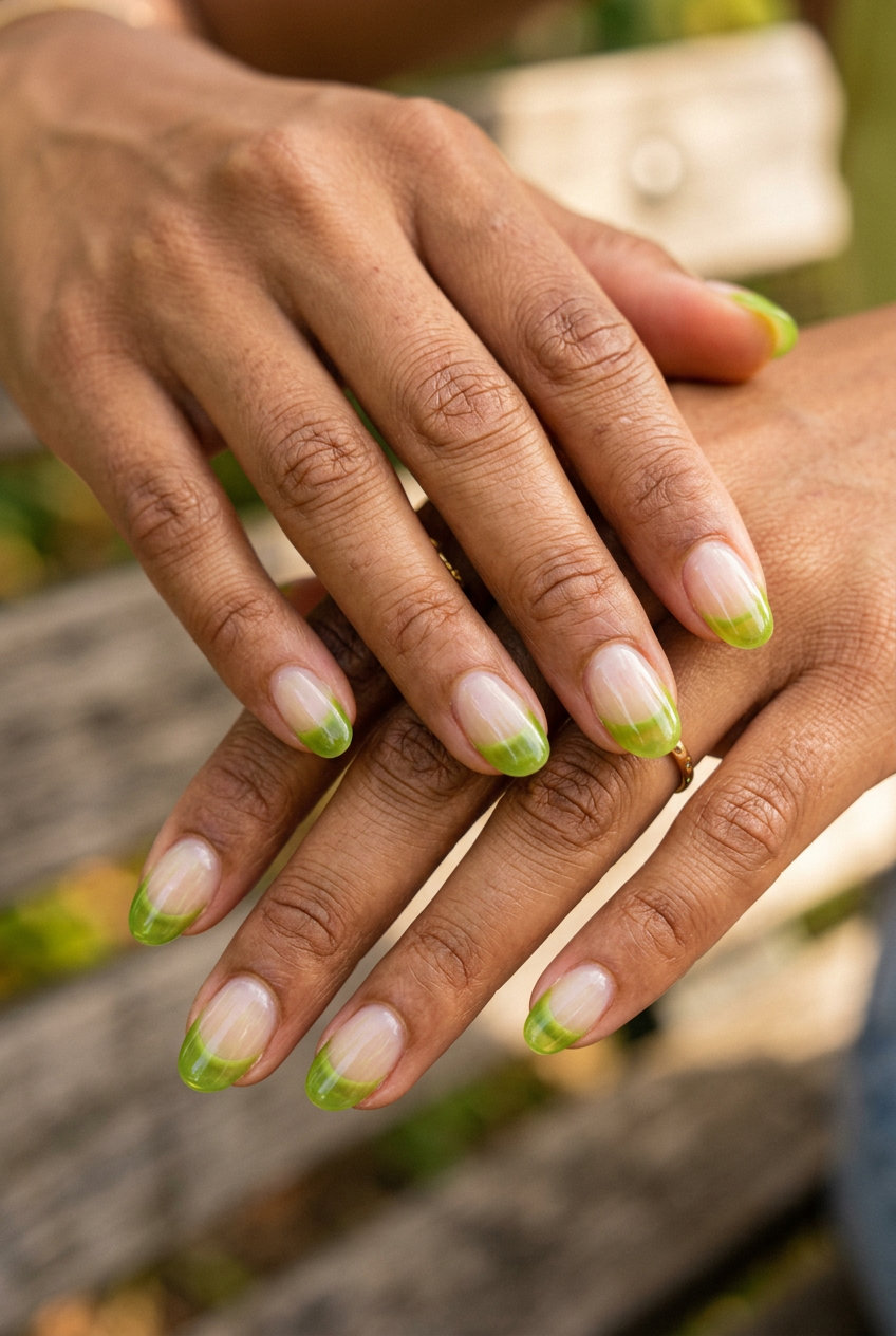 Short oval summer nails 2026: Lime green jelly French tips on a transparent base for a playful party look.
