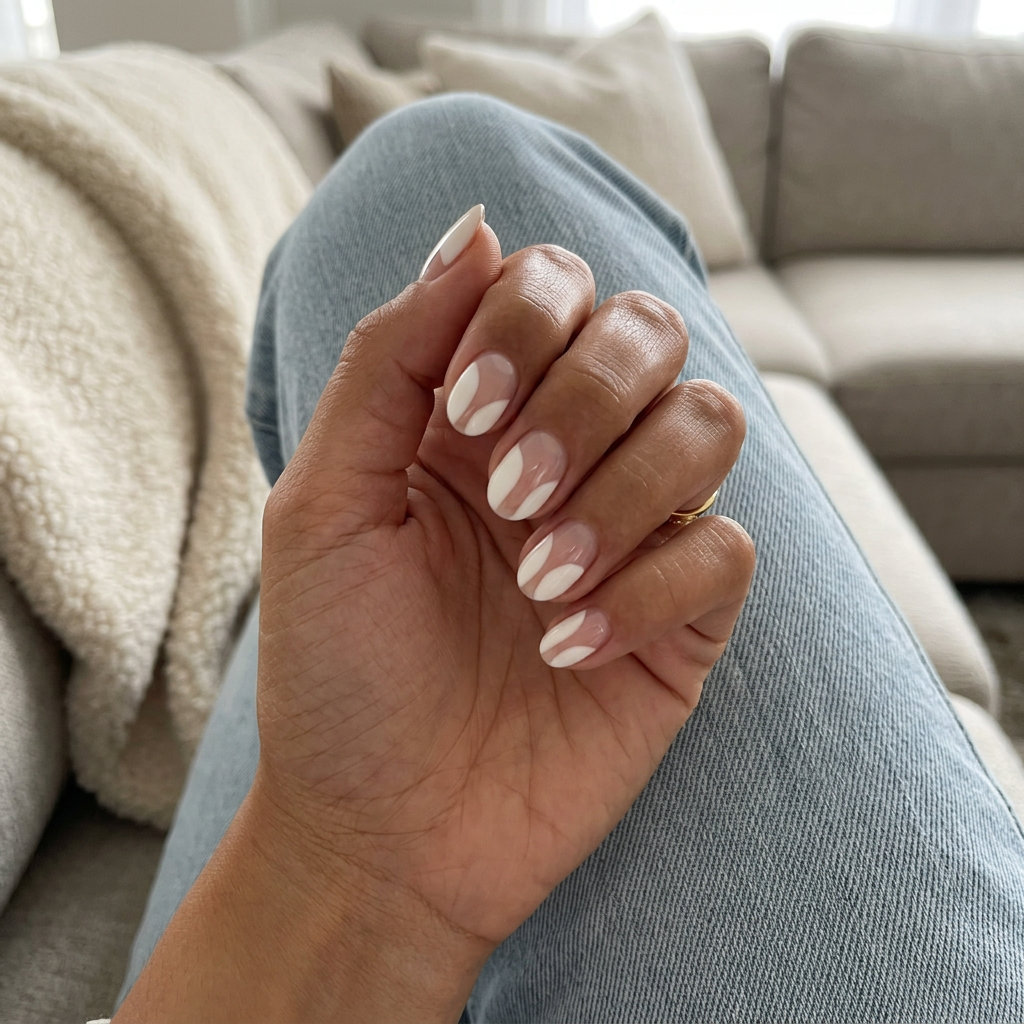 Milky White Modern Lines Nails 2026: Chic Work Style Milky White Modern Lines Oval short oval summer nails 2026 for work. Milky white abstract lines on a clear base.