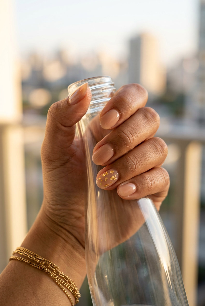 Short Oval Summer Nails 2026: Nude Gold Leaf Glam Short oval summer nails 2026 in sheer nude with gold leaf accent for elegant events.
