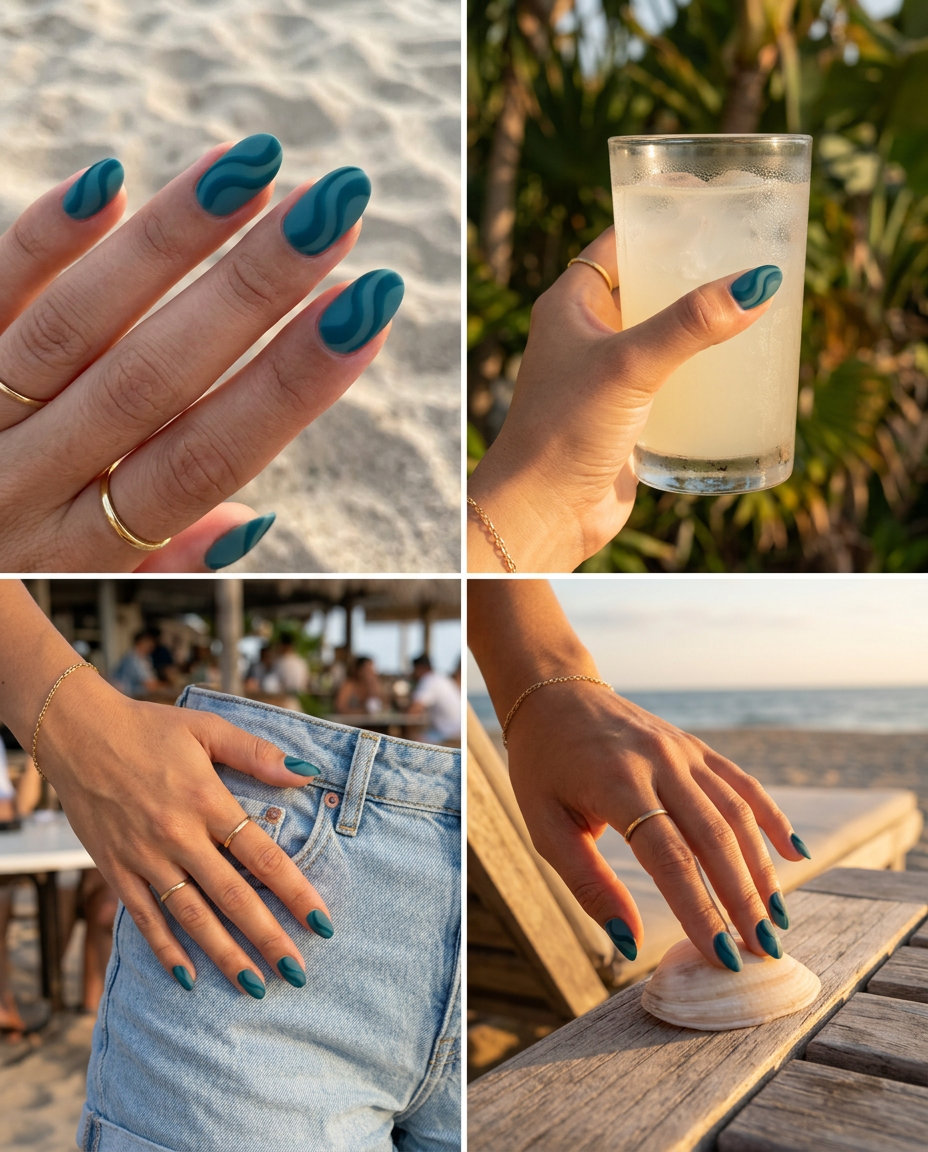 Ocean Swirl Matte Nails 2026: Bohemian Summer Style Ocean Swirl Matte Oval short oval summer nails 2026. Bohemian style with deep teal abstract swirls on a muted base.
