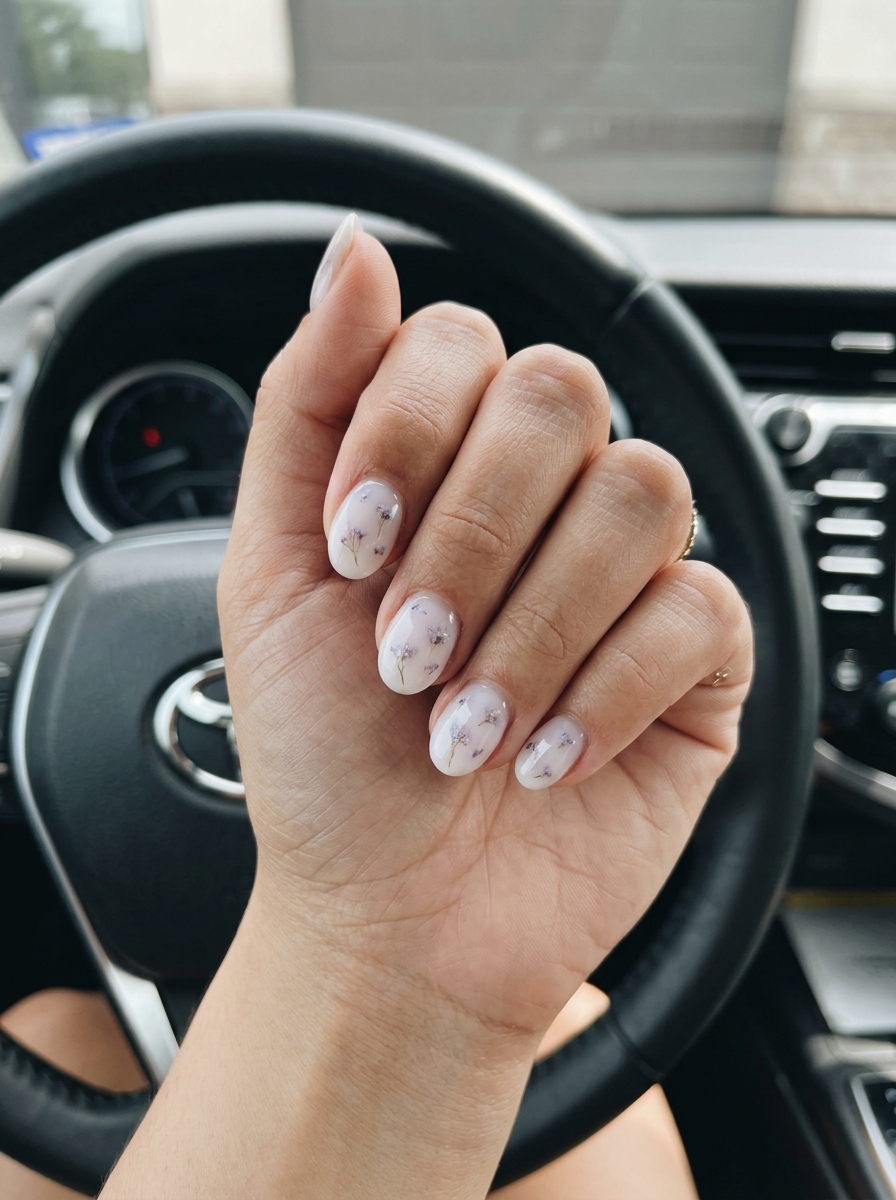 Pale Lilac Milk Bath Blooms Nails 2026 Short oval summer nails 2026: Pale lilac milk bath blooms for a romantic wedding guest look.