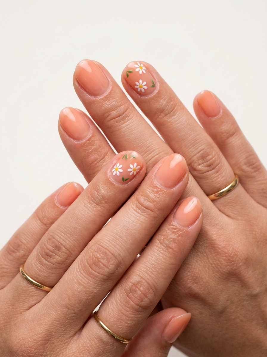 Peach Daisy Garden Nails 2026: Whimsical Summer Style Peach Daisy Garden Oval short oval summer nails 2026 for vacation. Sheer peach with cute white daisy decals.