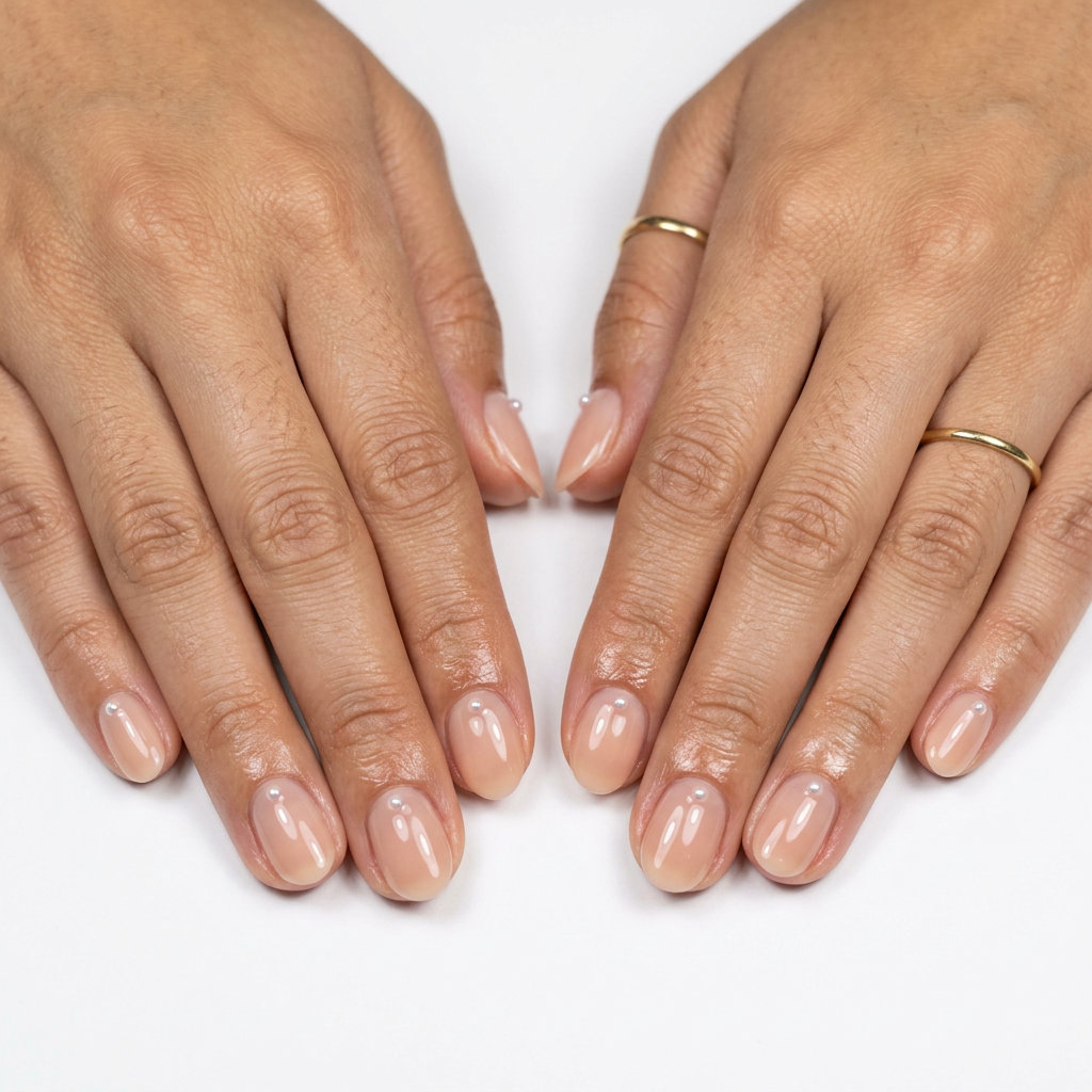 Pearl Accent Nude Nails 2026: Minimalist Chic Style Tiny Pearl Accent Nude Oval short oval summer nails 2026 for daily wear. Sheer nude with a single pearl at the cuticle.