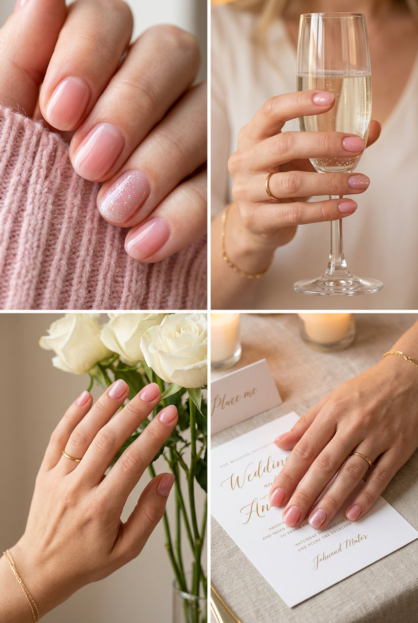 Short Oval Summer Nails 2026: Pink Jelly Sparkle Short oval summer nails 2026 in soft pink jelly with holographic sparkle for date night.
