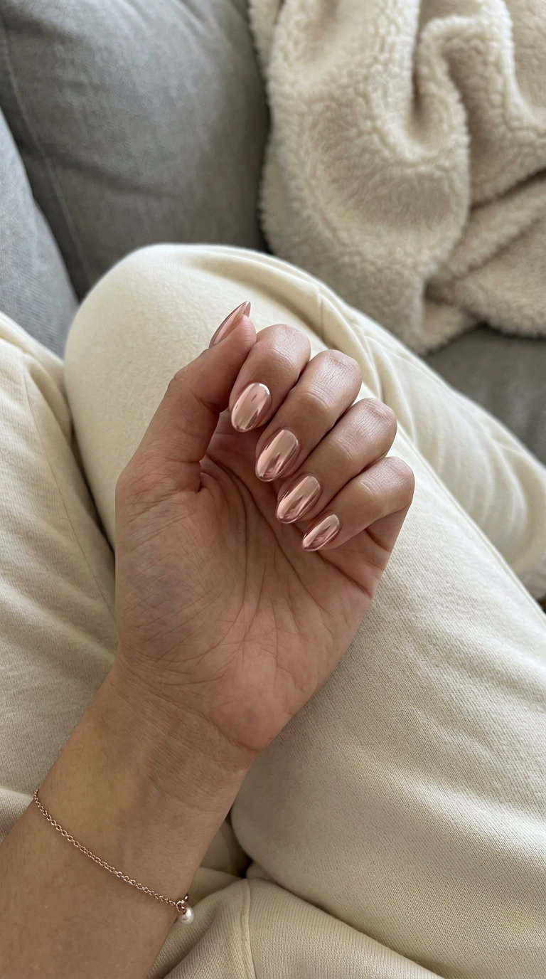 Rosy Chrome Mirror Nails 2026: Glamorous Party Style Rosy Chrome Mirror Oval short oval summer nails 2026 for parties. Rose gold chrome with a reflective mirror finish.