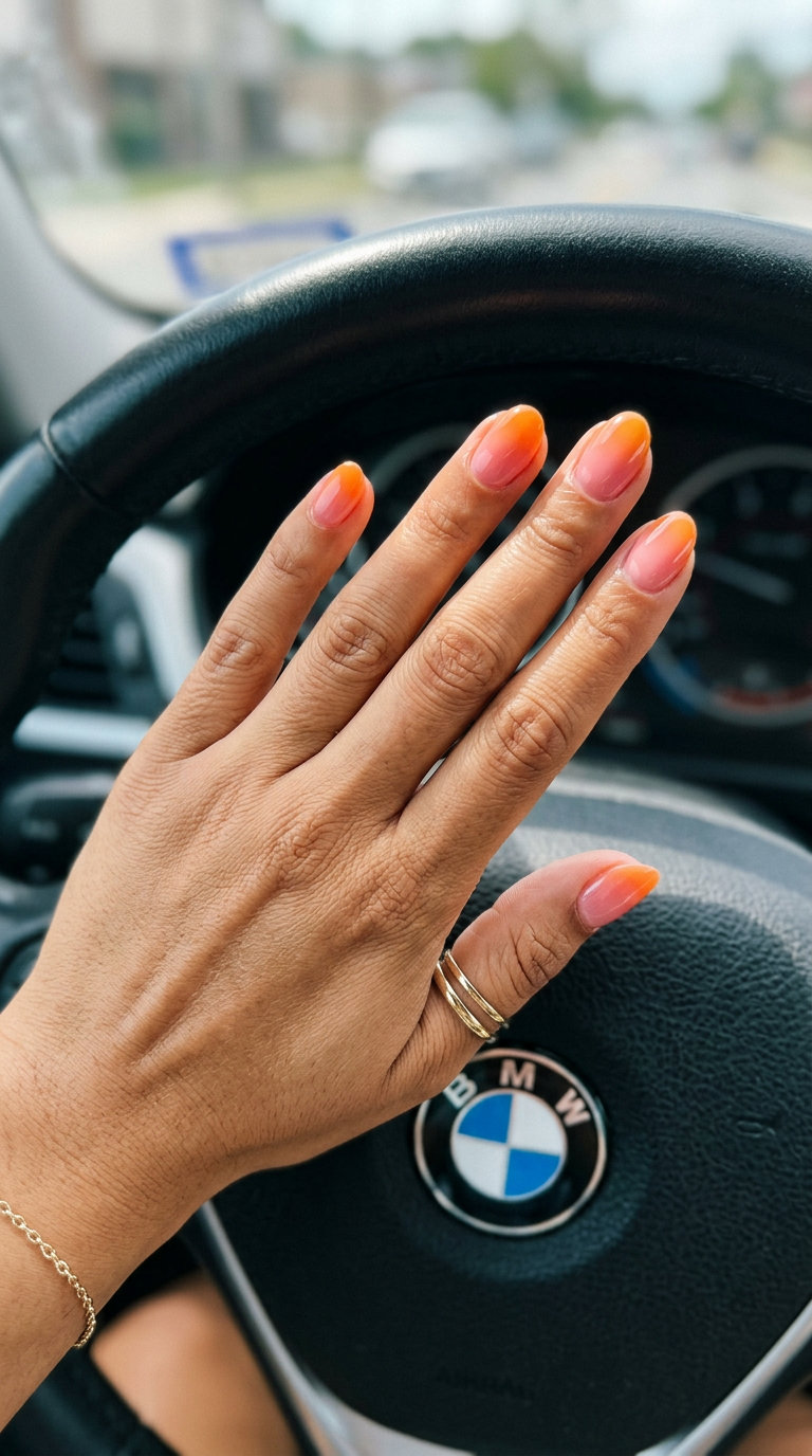 Sunset Ombre Fade Nails 2026 Short oval summer nails 2026: Vibrant sunset ombre fade with a glossy finish for vacation vibes.