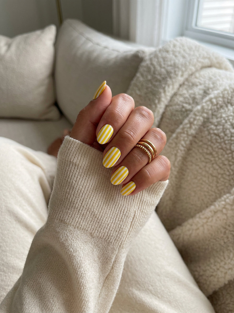 Short Oval Summer Nails 2026: Yellow Stripe Fun Short oval summer nails 2026 with sunny yellow and white stripes for vacation.