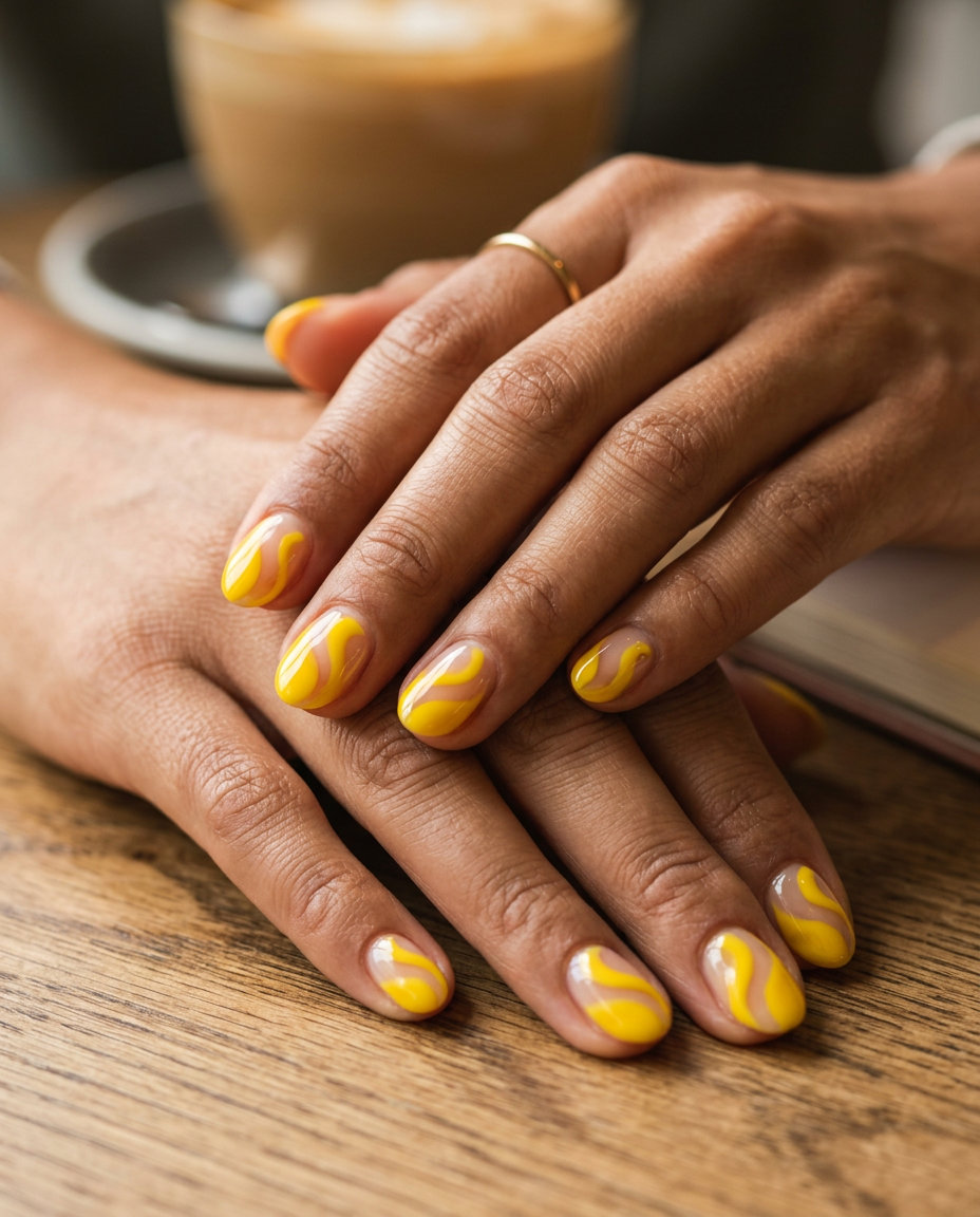 Yellow Swirl Abstract Nails 2026 Short oval summer nails 2026: Clear base with vibrant yellow abstract swirls for a bold vacation look.